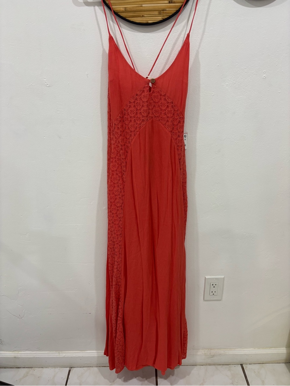 Free People Coral Red Lace-Panel Maxi Dress